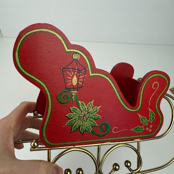 Vtg Christmas Holiday Santa Sleigh Sled Wood Metal Gold Legs Skis Red Green READ - Picture 10 of 11